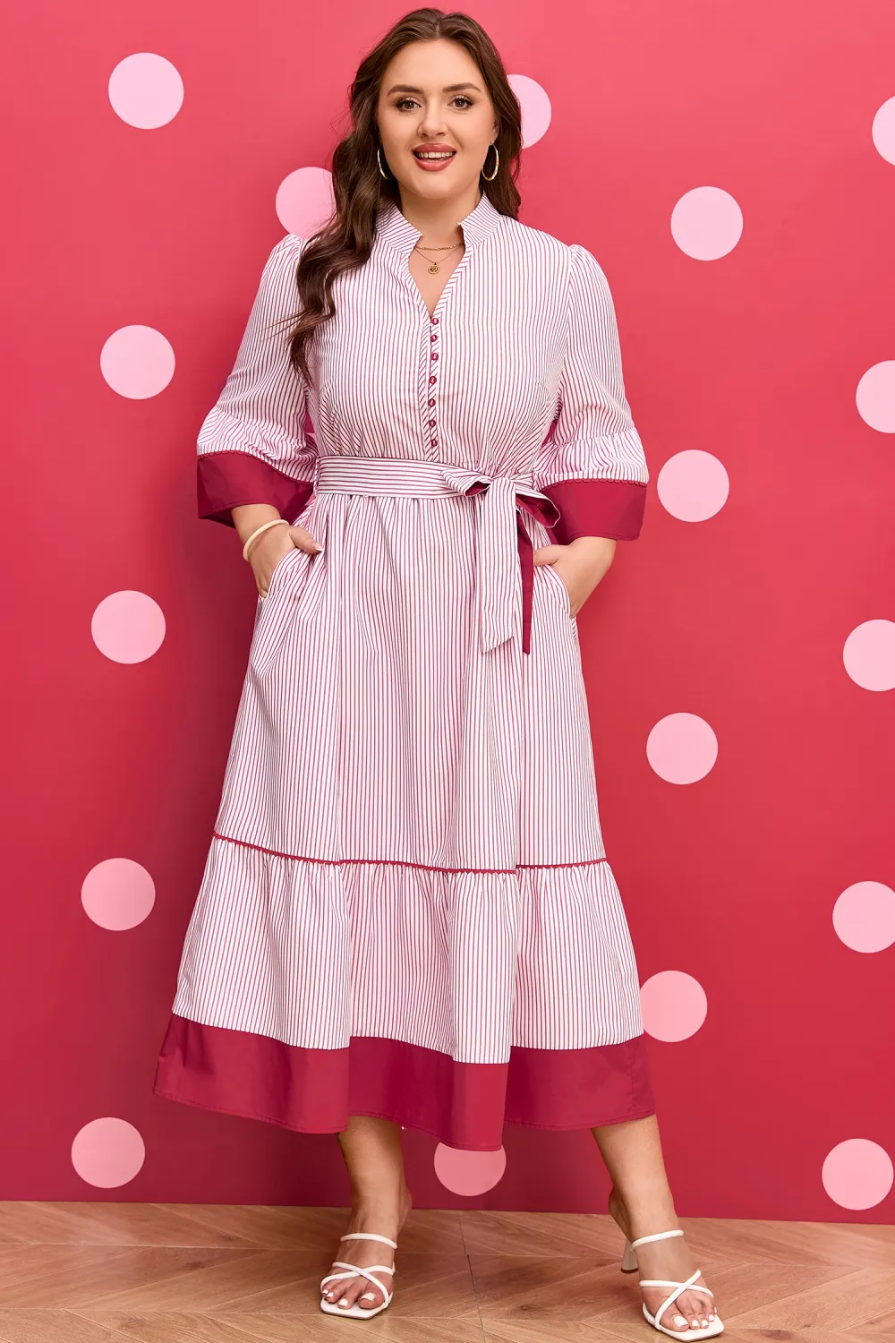 Red Stripe Plus Size Ruffled Hem Pinstriped Midi Dress