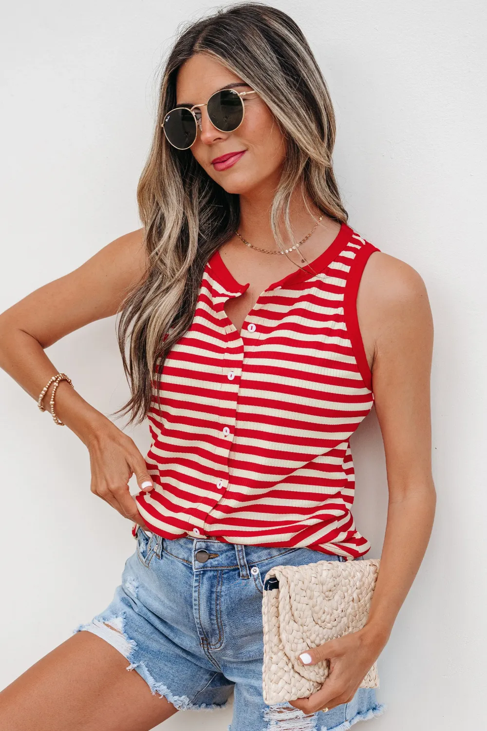 Red Stripe Buttoned Ribbed Knit Tank Top