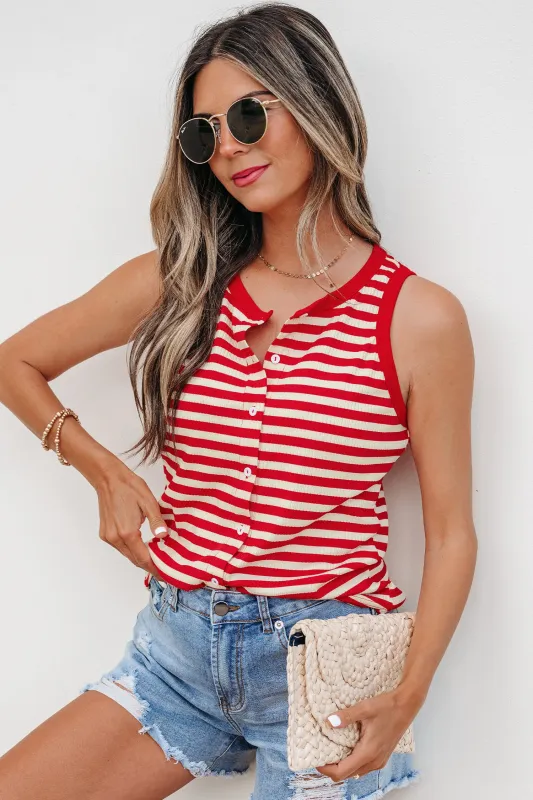 Red Stripe Buttoned Ribbed Knit Tank Top