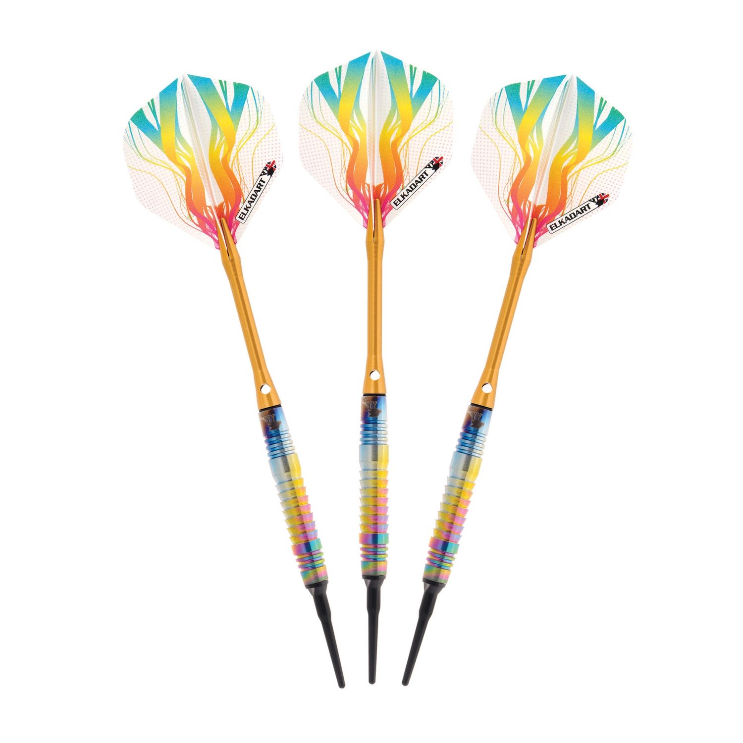 Elkadart Rainbow 90% Tungsten Soft Tip Darts Multi Color Titanium Coating Shark Fin Barrel 18 Grams