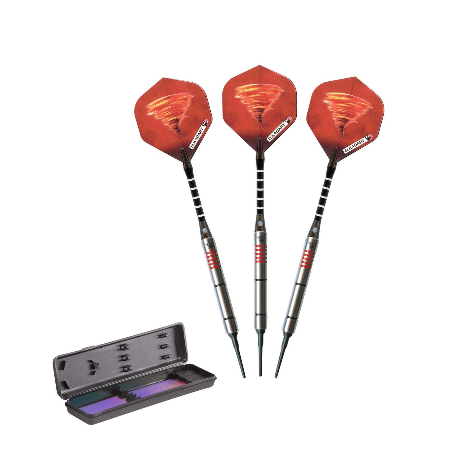 Elkadart Tornado 90% Tungsten Soft Tip Dart Set 4 Red and 2 Black Rings 16 Grams