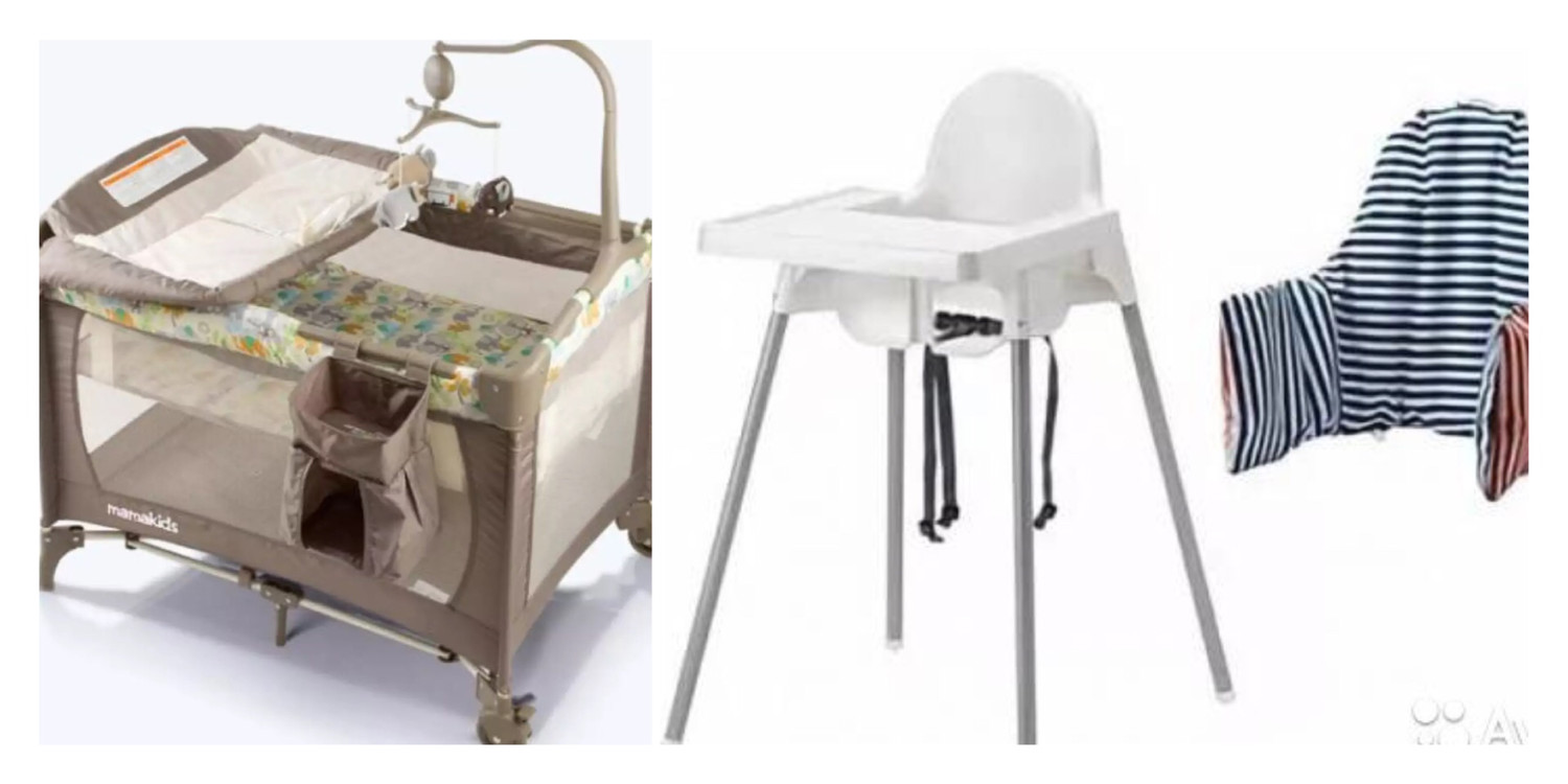 Portable Baby Cot with Linen + High Chair 