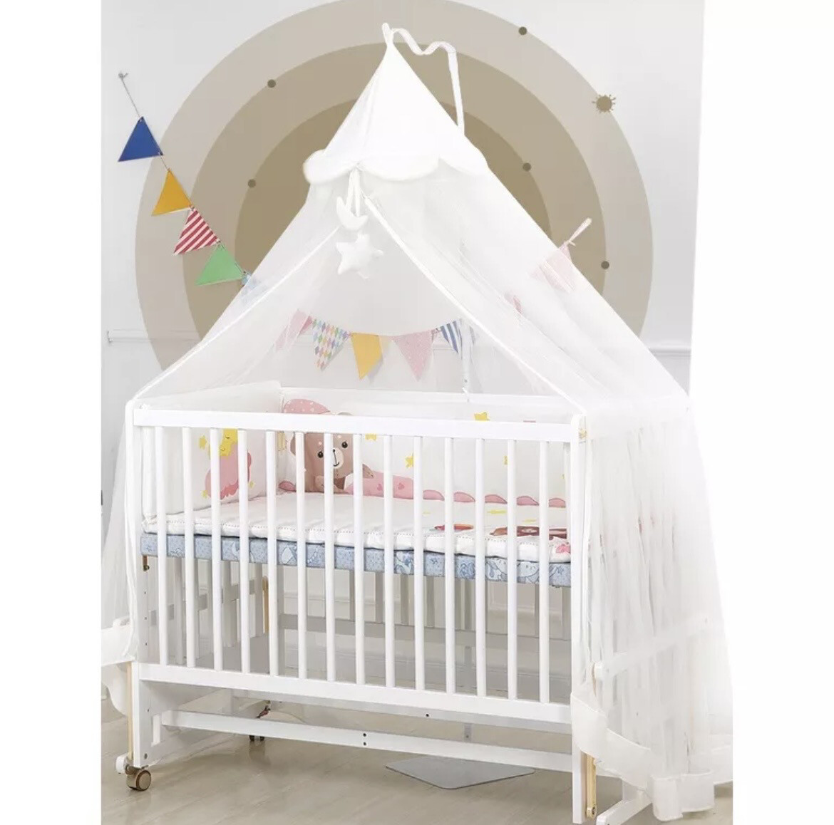 Wooden Baby Crib with Linen and Mosquito Net + High Chair Please message us to check availability before ordering via chat.