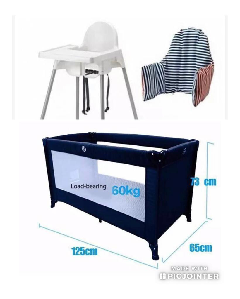 Long Portable Baby cot + High Chair 