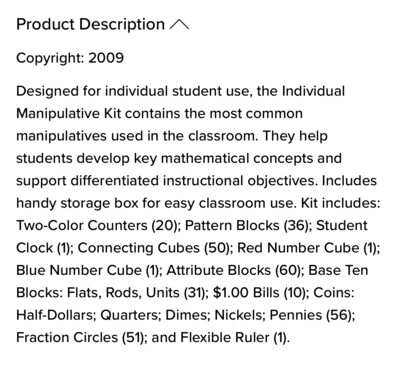FIRST GRADE - INDIVIDUAL MANIPULATIVE KIT GRADE 1-2 - 12 - MGH - ISBN 9780021064786