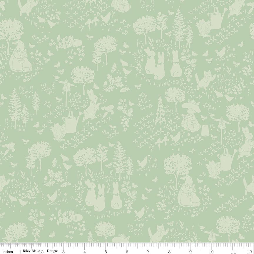 Peter Rabbit &amp; Benjamin Bunny Tonal Garden Green C17251R-GREEN