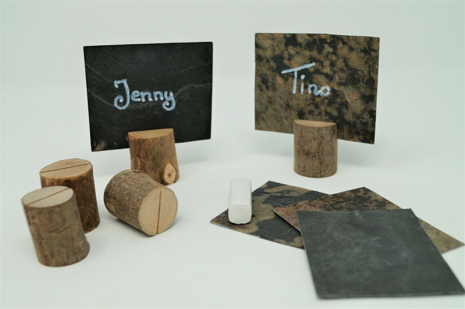 Slate place cards with wooden card holder