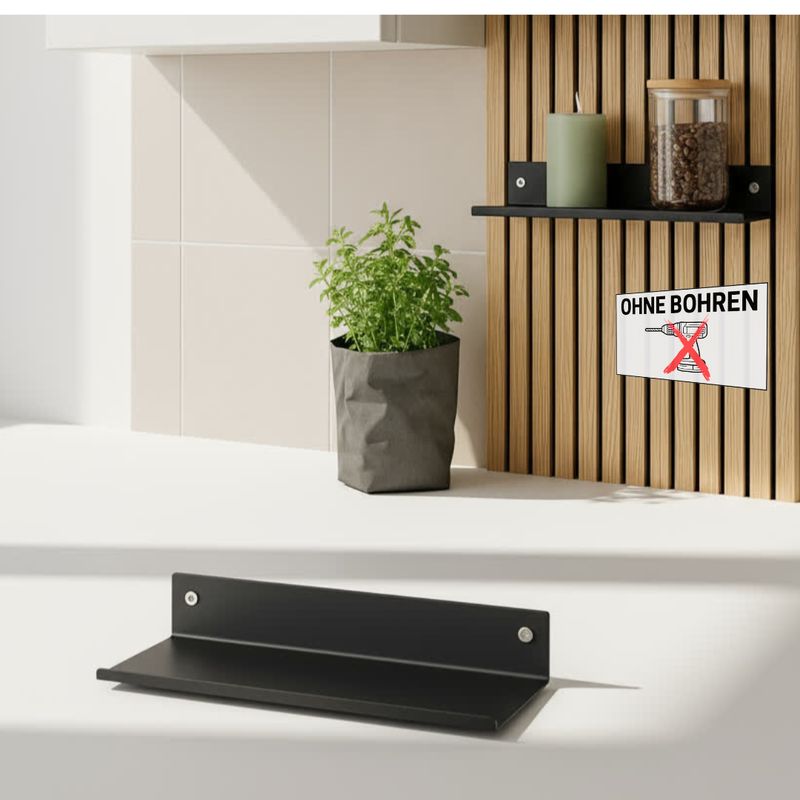 Metall Regal für Akustikpaneele ohne Bohren – Wandregal schwarz matt Metall Regal für Akustikpaneele ohne Bohren – Wandregal schwarz matt