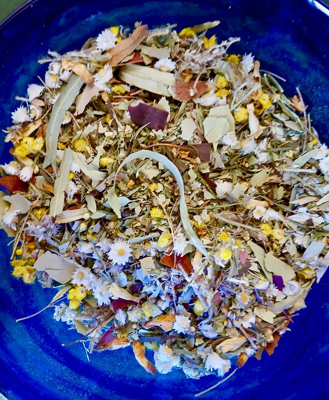 Death of the OLD Birth of the Sacred.  Wild harvested Smudge Mix with gum leaves, barks, pine sap, spinifex resin, golden blossoms , sandalwood leaves &amp; flowers- our most POWERFUL blend YET