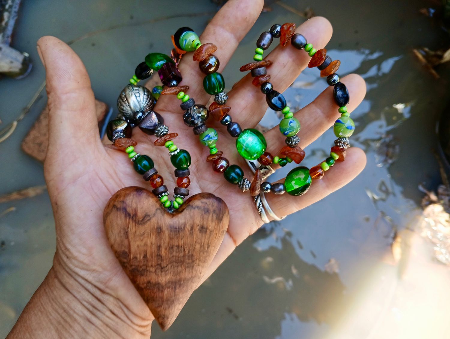 SALE was $128 Wisdom of the Forest LOVE necklace/talisman with vintage/glass, re-treasured beads, hand carved from a burl- follow your heart- LOVE will guide you