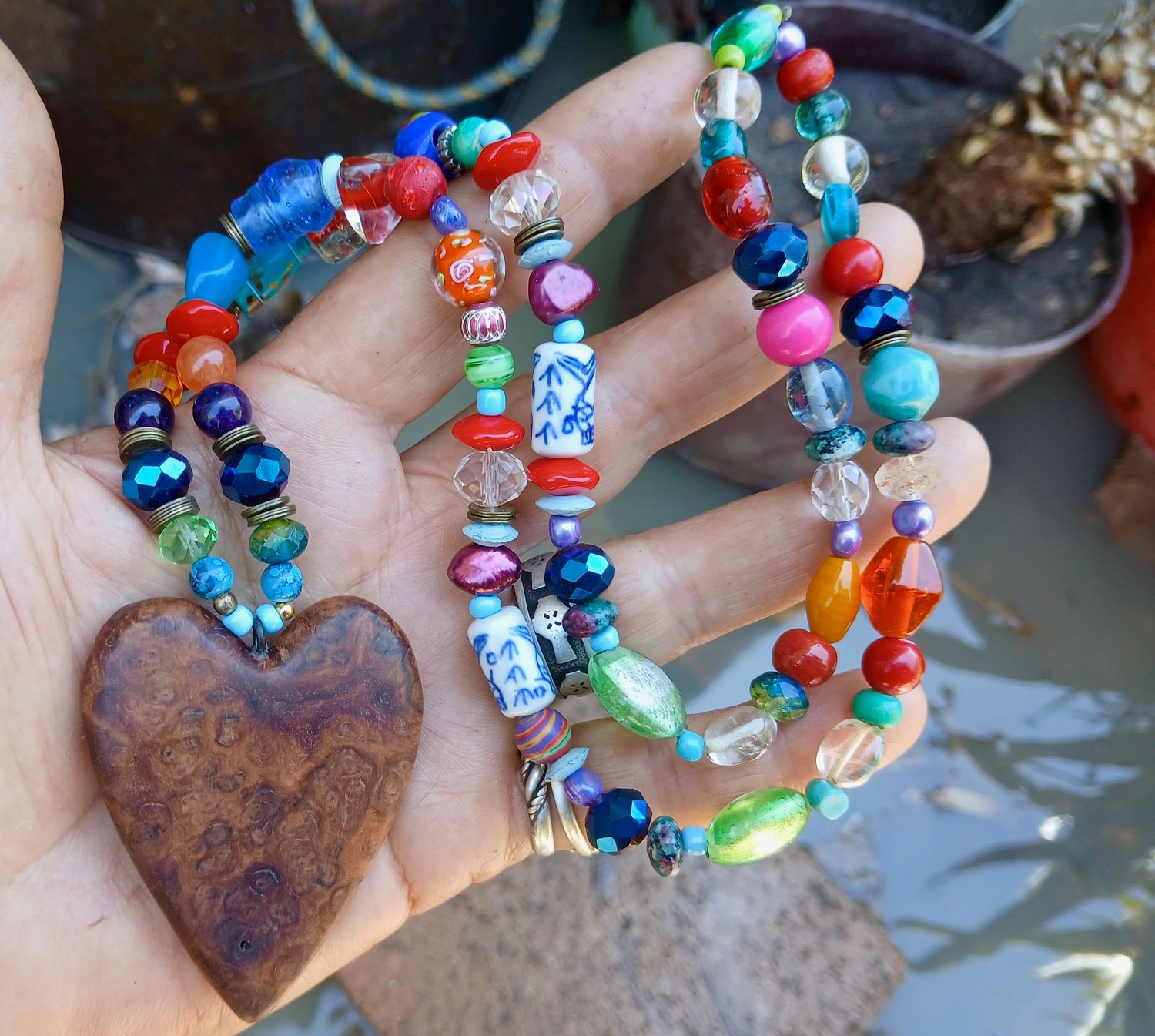 SALE was $128 Rainbows after the Storm LOVE necklace/talisman with vintage/glass, re-treasured beads, hand carved from a burl- follow your heart- LOVE will guide you
