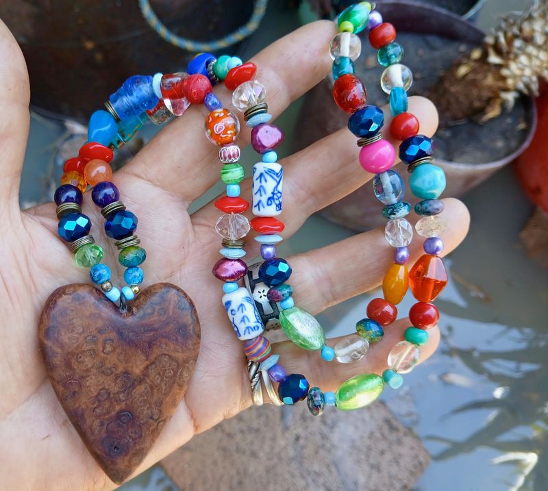 SALE was $128 Rainbows after the Storm LOVE necklace/talisman with vintage/glass, re-treasured beads, hand carved from a burl- follow your heart- LOVE will guide you