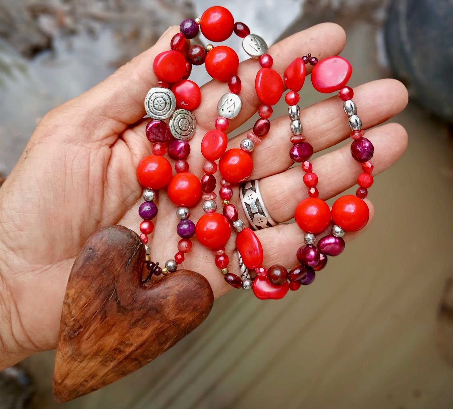 SALE ..WAS $128 Ruby Priestess necklace/talisman with vintage/glass, re-treasured vintage beads, hand carved from a burl- follow your heart- LOVE will guide you