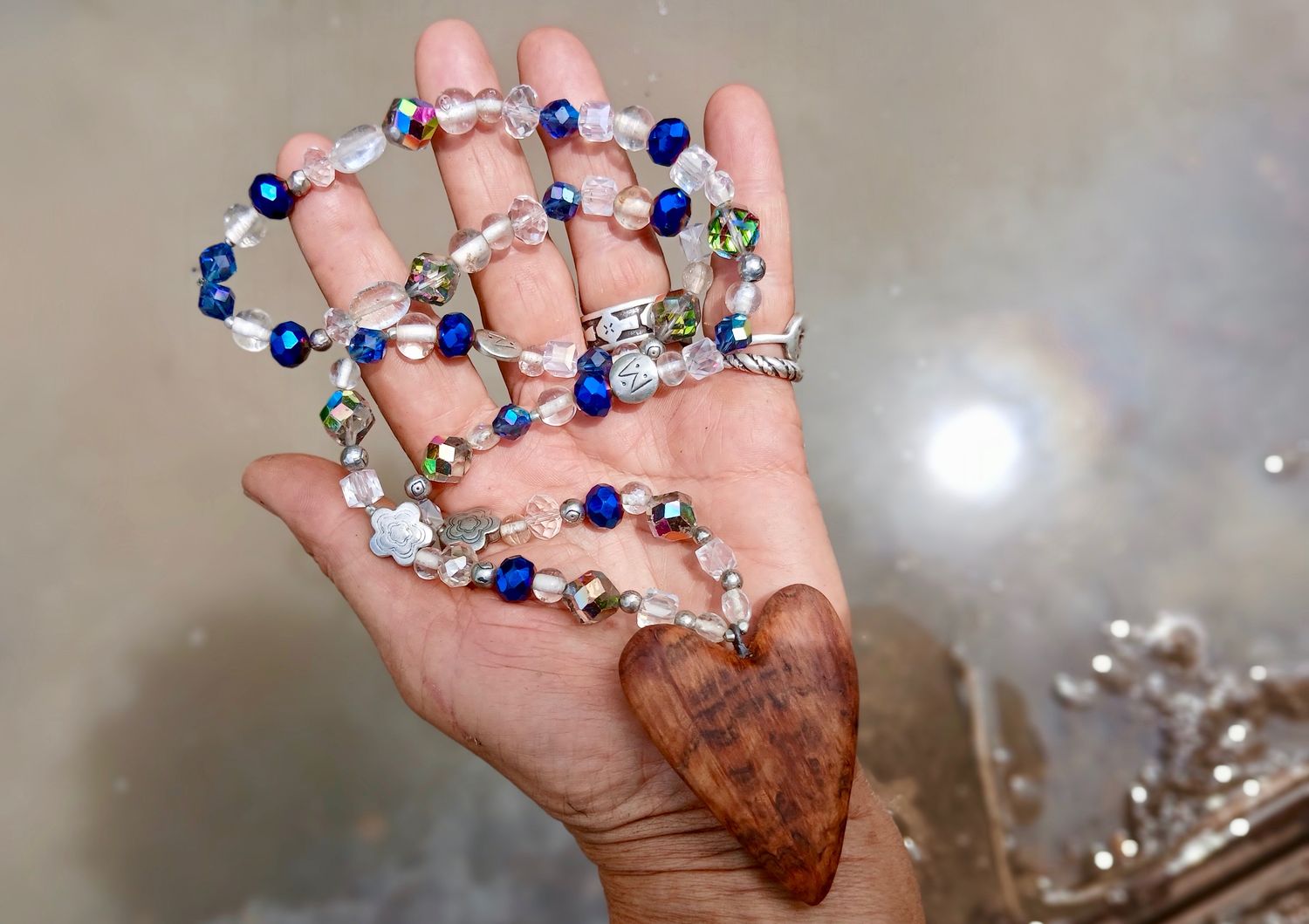 SALE was $128 Crystal Heart of Pure LOVE necklace/talisman with glass, crystal &amp; silver re-treasured vintage beads, hand carved from a burl- follow your heart- LOVE will guide you
