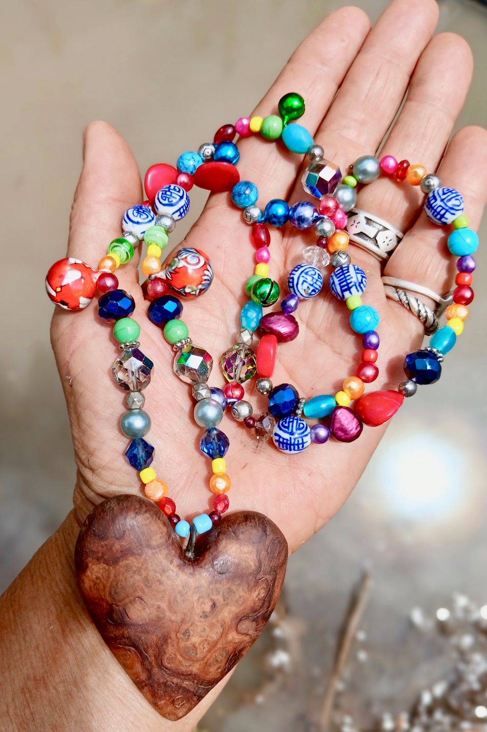 The Tinkling Bells of the Fairies LOVE necklace/talisman with glass, crystal &amp; silver re-treasured vintage beads, hand carved from a burl- follow your heart- LOVE will guide you