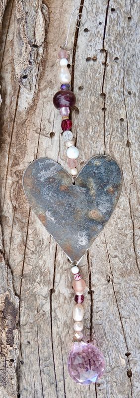 Temple Love Healing Rays sun catcher with recycled metal heart created from early settlers water tanks, &amp; glass, faux pearl, crystal, beads