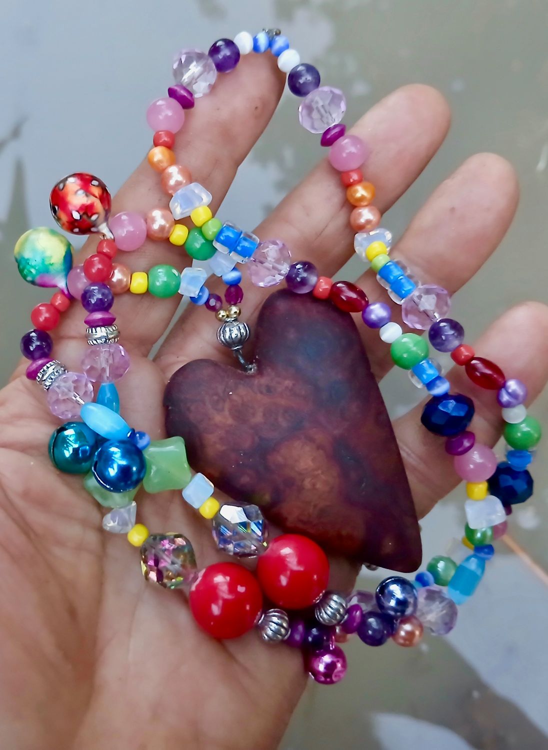 SALE was $124 Fairy Love Tinkling Bells necklace/talisman with bells, vintage/glass, re-treasured beads, hand carved from a burl- follow your heart- LOVE will guide you