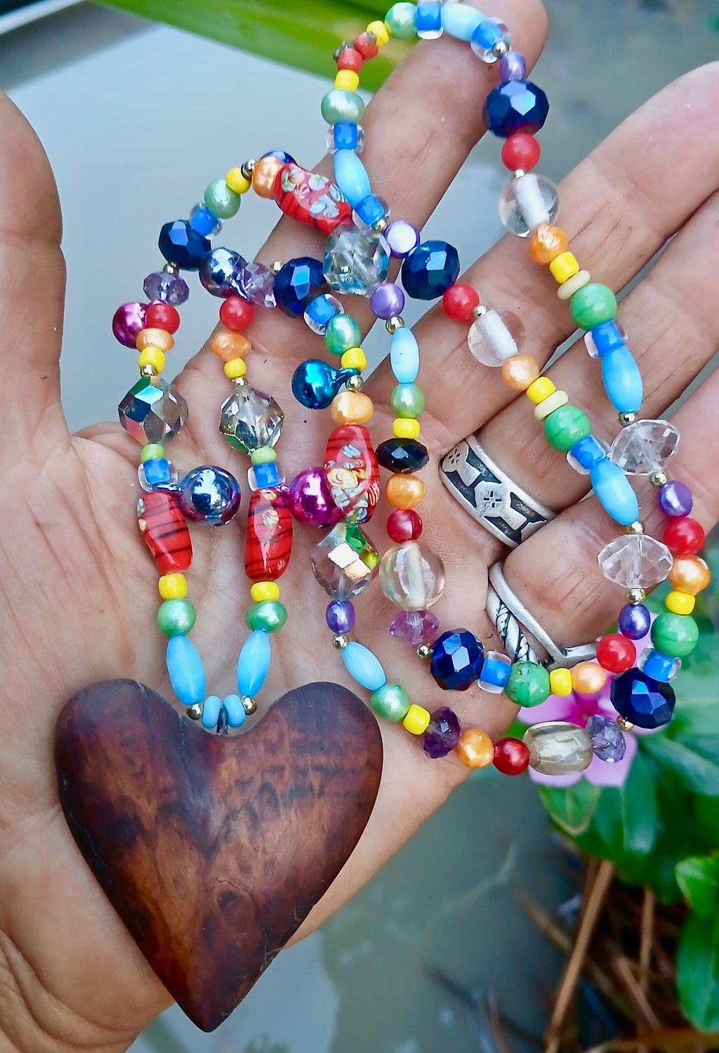 SALE was $124 Drop Dead Gorgeous necklace/talisman with tinkling bells, vintage/glass, re-treasured beads, hand carved from a burl- follow your heart- LOVE will guide you