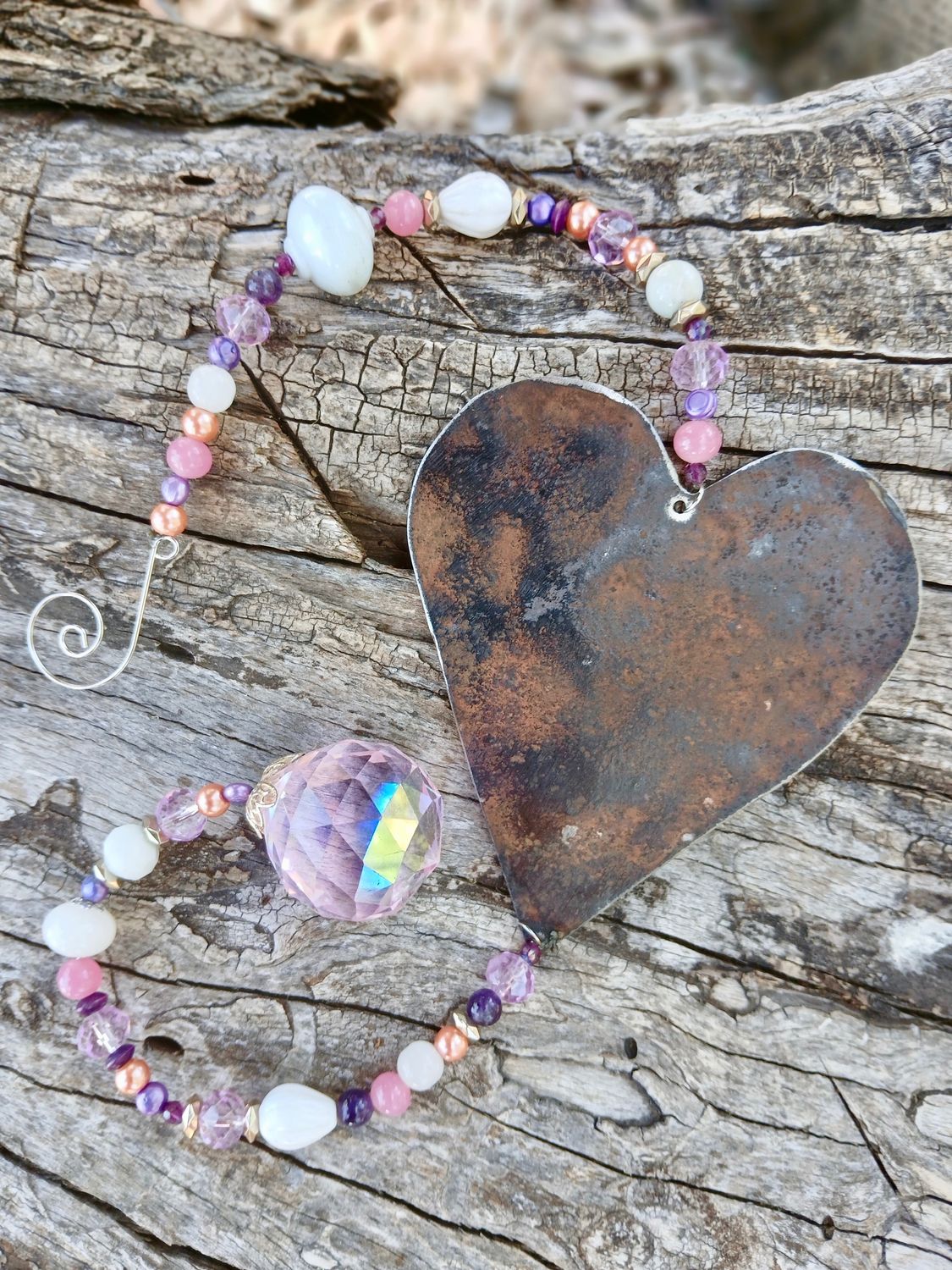 Swan Love- the purity of an open heart sun catcher with recycled metal heart created from early settlers water tanks, &amp; glass, crystal, beads extra LONG