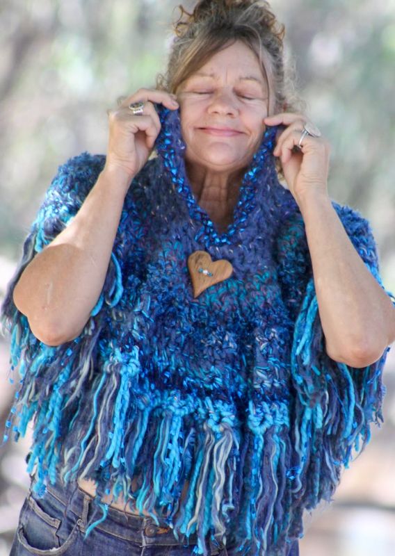 Holy Flow of Water super soft fringed poncho with carved wooden heart