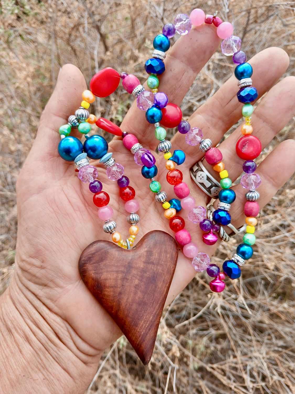 Rainbow Guardian of LOVE necklace/talisman with vintage/glass, re-treasured vintage beads &amp; bells, hand carved from a fallen branch - follow your heart- LOVE will guide you