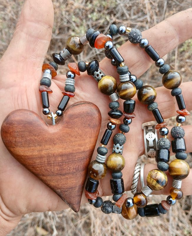Tigers Eye LOVE necklace/talisman with vintage/glass/hematite/amber, hand carved from a fallen branch - follow your heart- LOVE will guide you