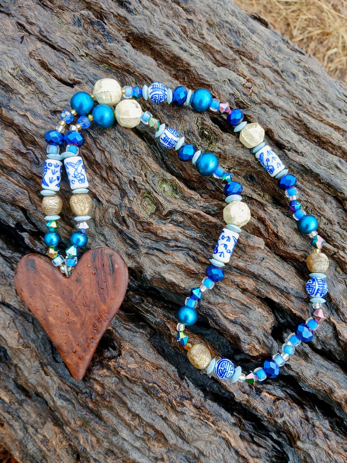 Golden Light Healing Angel LOVE necklace/talisman with vintage/glass/ METALLIC, re-treasured vintage beads, hand carved from a fallen branch - follow your heart- LOVE will guide you