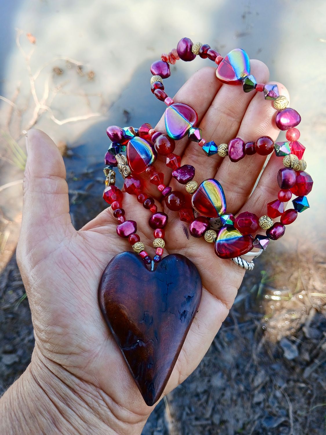 Ruby Rose heart of LOVE necklace/talisman with vintage/glass/ re-treasured vintage beads, hand carved from a fallen branch - follow your heart