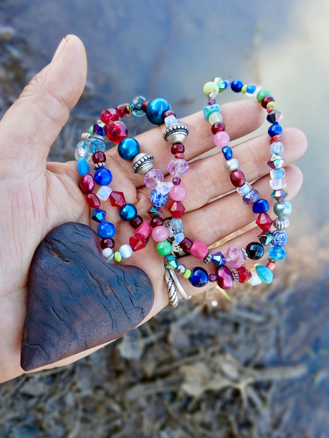 I AM worthy of LOVE necklace/talisman with vintage/glass/ re-treasured vintage beads, hand carved from a fallen branch - follow your heart