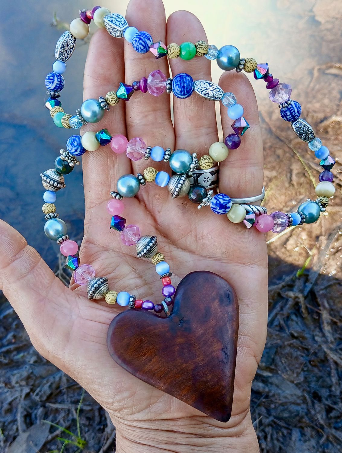 FIREFLY Mystical LOVE necklace/talisman with vintage/glass/ re-treasured vintage beads, hand carved from a fallen branch - follow your heart