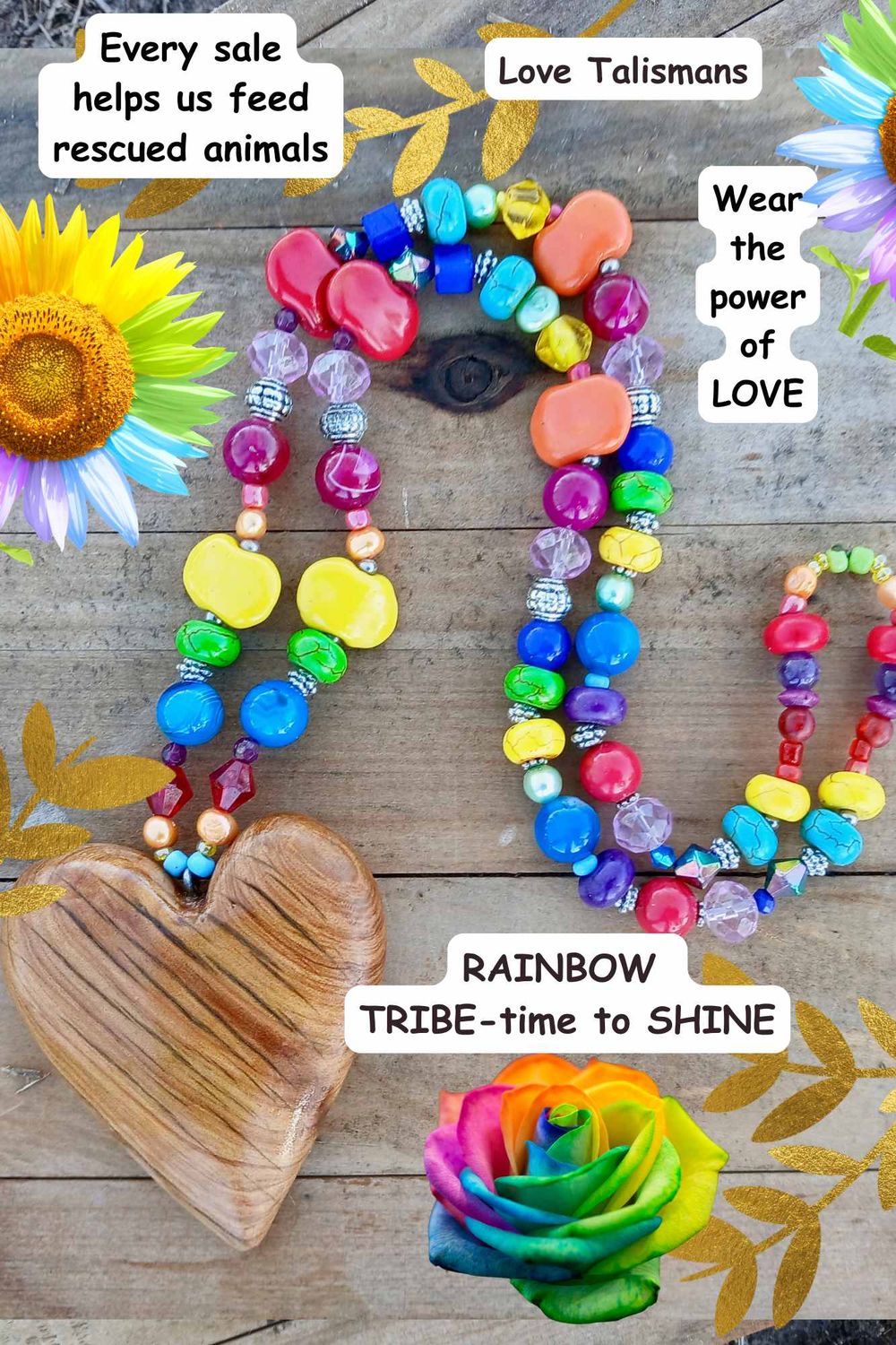 Rainbow Tribe- time to SHINE necklace/talisman with vintage/glass/ tigers eye, agate, hematite  &amp; metal beads, hand carved heart from native pine - follow your heart- purified in the rain