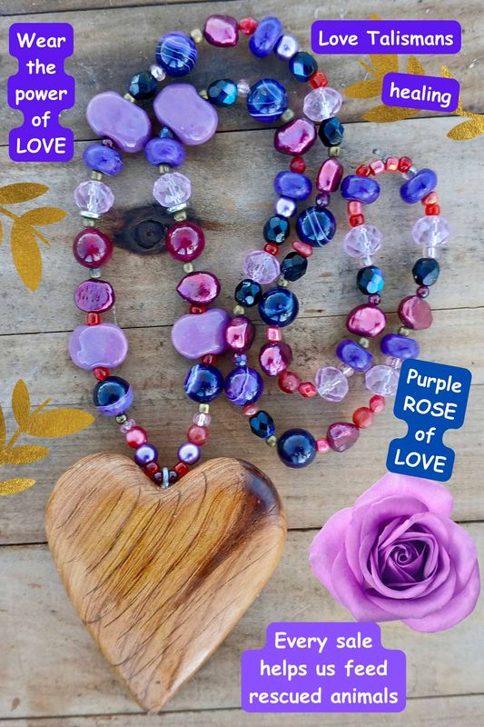 Purple Rose of LOVE necklace/talisman with vintage/glass/ re-treasured vintage, agate, crystal beads and hand carved heart from native pine - follow your heart- purified in the rain