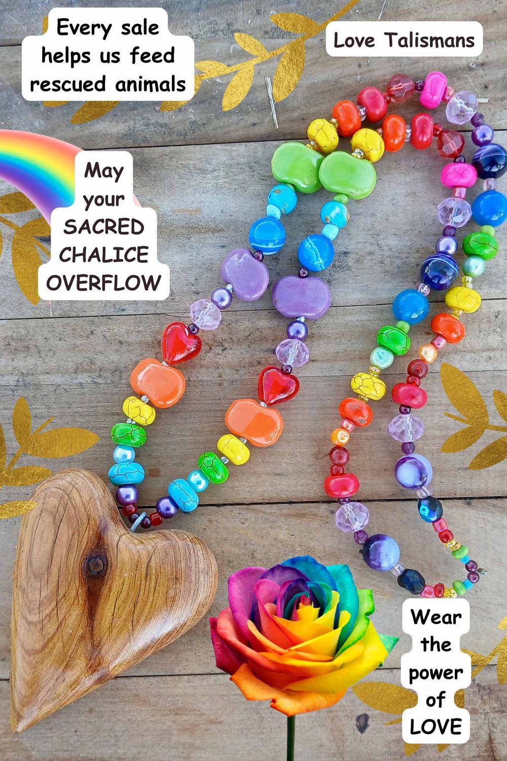 May your Sacred Chalice OVERFLOW  necklace/talisman with vintage/glass/ re-treasured vintage, agate &amp; crystal beads, hand carved heart from native pine - follow your heart- purified in the rain