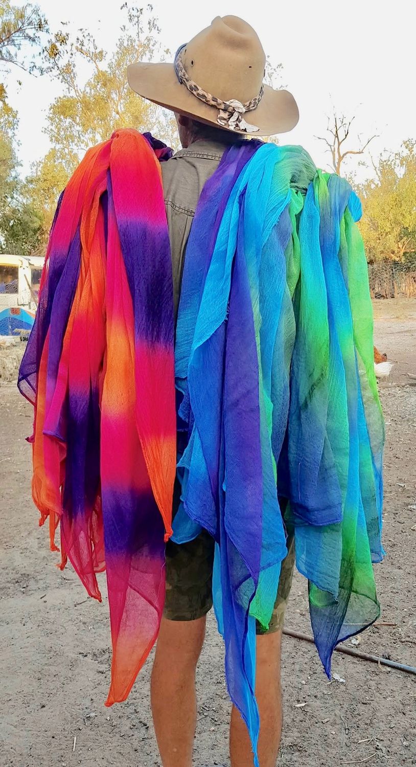 4x Cotton Muslin Healing power of Colour Scarves RAINBOW- Sunset-Blues &amp; Purples &amp; GREENS with blue PREORDER perfect for healing, wearing and decoration