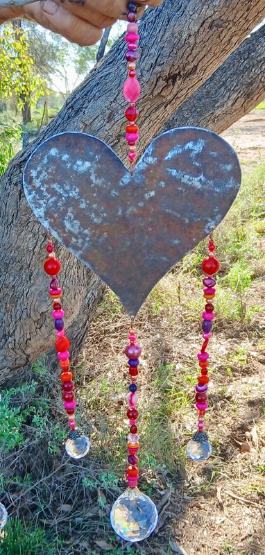 Magical CUSP of  Dawn NEW TRINITY sun catcher with recycled metal heart created from early settlers water tanks, &amp; glass, crystal, beads