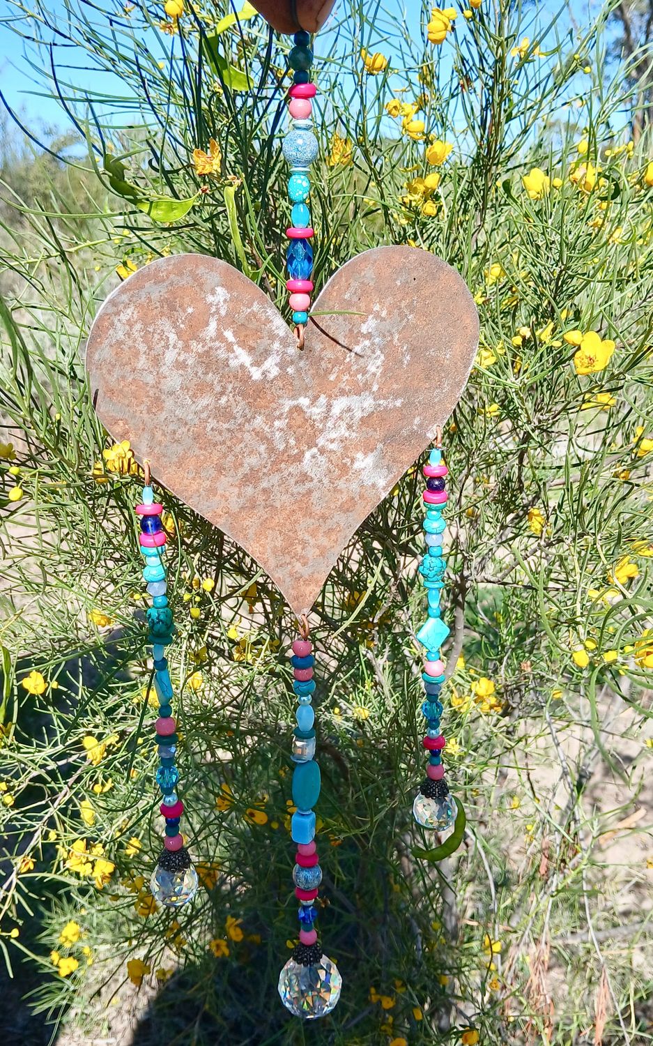 Magical Flower Fairy NEW TRINITY sun catcher with recycled metal heart created from early settlers water tanks, &amp; glass, crystal, resin beads