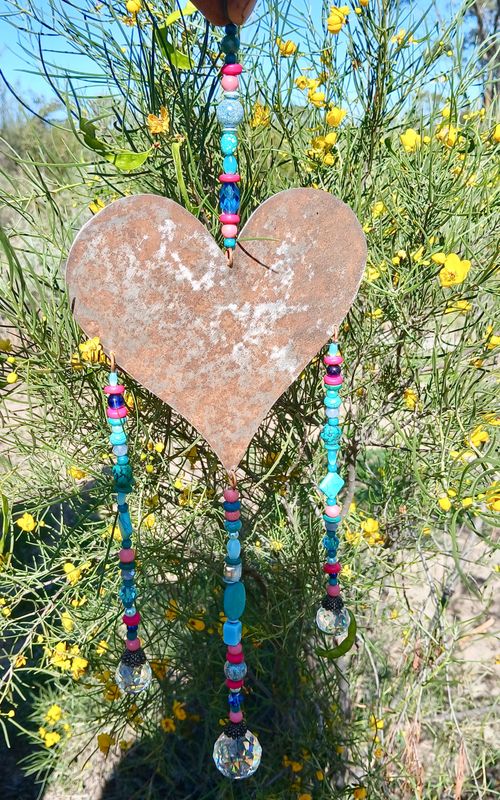 Magical Flower Fairy NEW TRINITY sun catcher with recycled metal heart created from early settlers water tanks, &amp; glass, crystal, resin beads