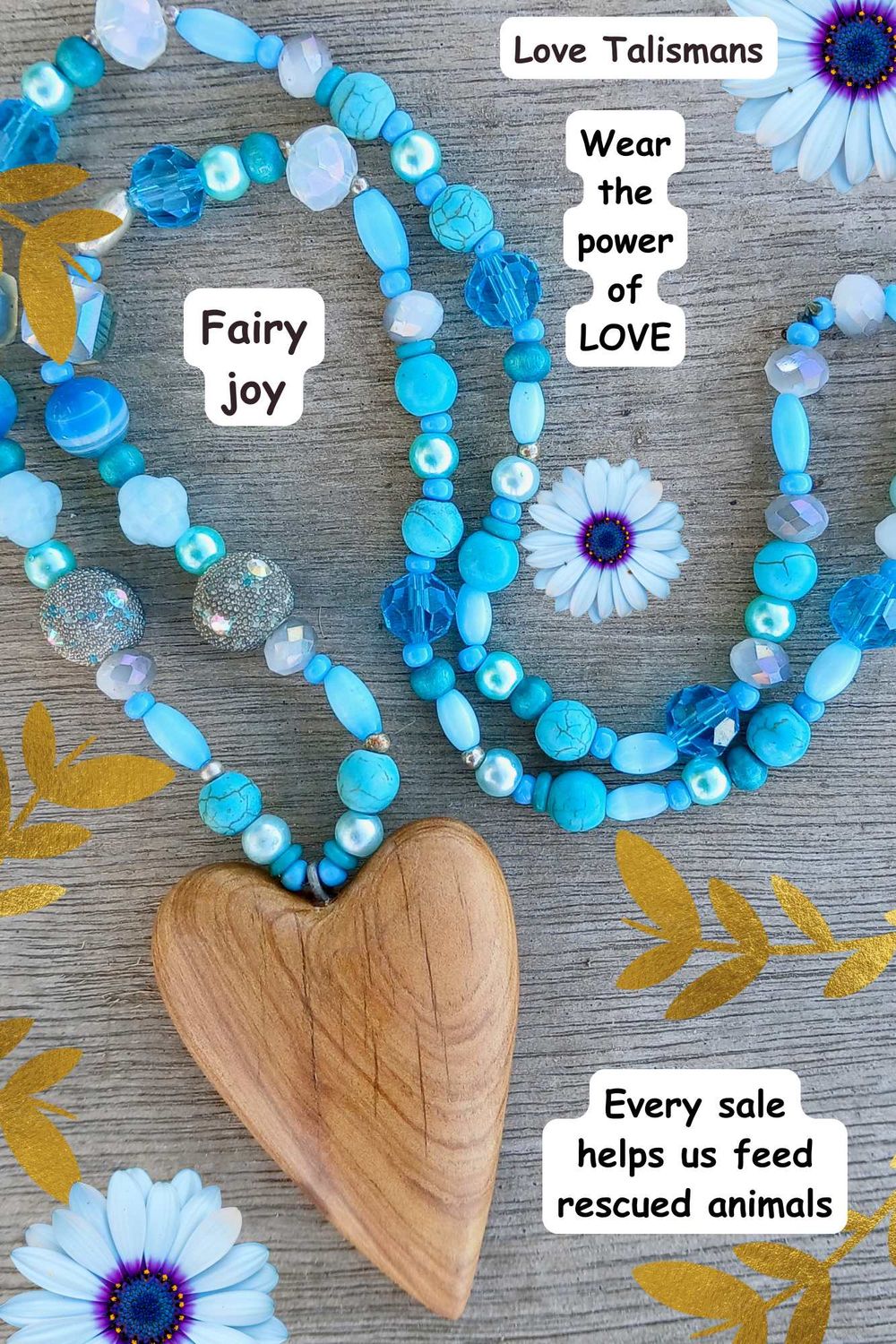 Fairy Joy necklace/talisman with vintage/glass/ re-treasured vintage, resin &amp; crystal beads , hand carved heart from native pine - follow your heart