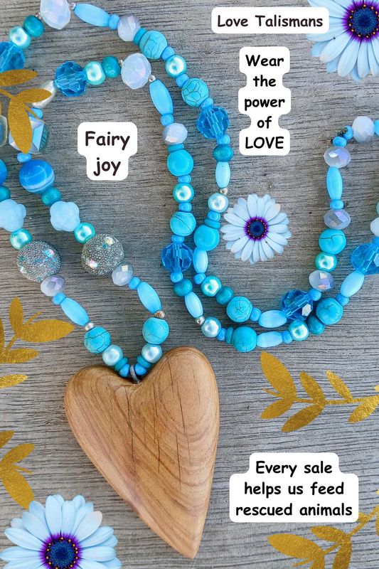Fairy Joy necklace/talisman with vintage/glass/ re-treasured vintage, resin &amp; crystal beads , hand carved heart from native pine - follow your heart