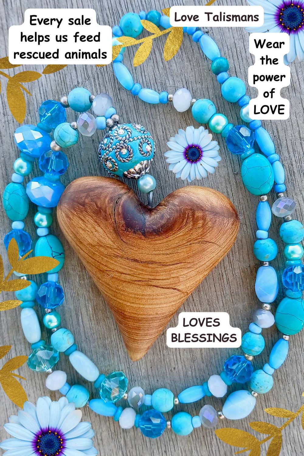 LOVES BLESSINGS necklace/talisman with vintage/glass/ re-treasured vintage, resin &amp; crystal beads , hand carved heart from native pine - follow your heart