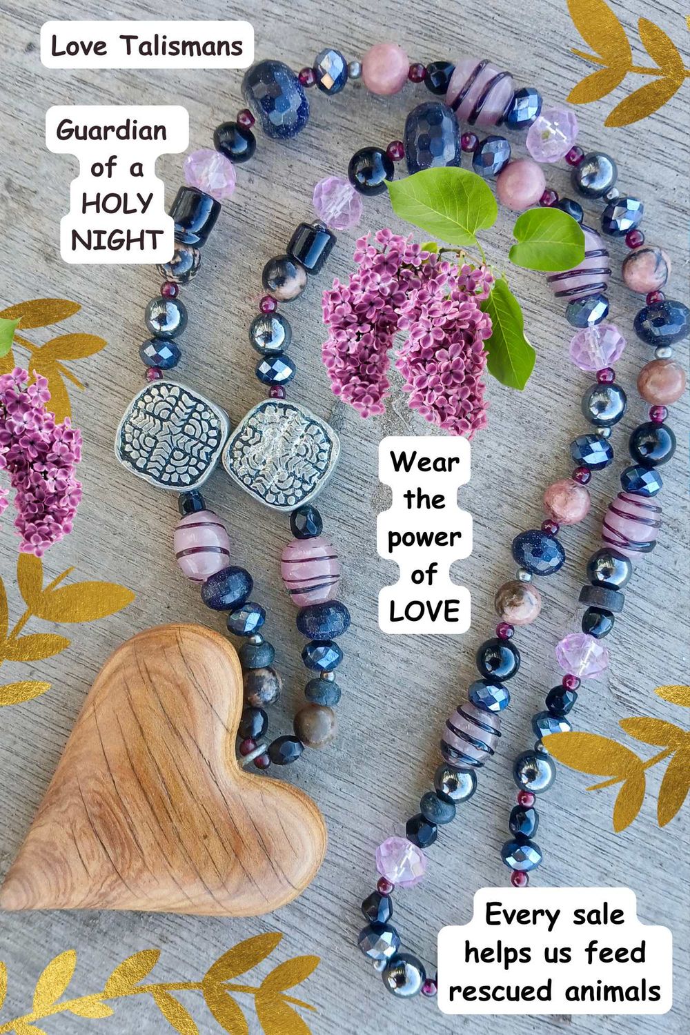 Guardian of a HOLY Night necklace/talisman with vintage/glass/ re-treasured vintage, resin &amp; crystal beads , hand carved heart from native pine - follow your heart