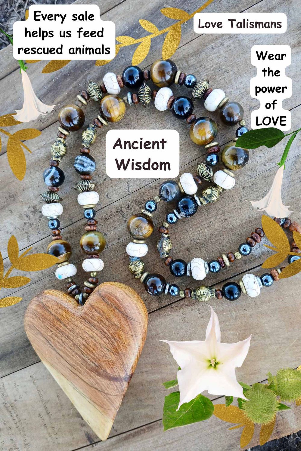 Eye of the TIGER necklace/talisman with vintage/glass/ re-treasured vintage, tigers eye, agate, hematite and vintage mala beads hand carved heart  - follow your heart