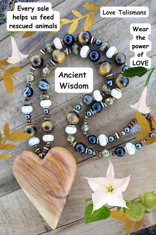 Eye of the TIGER necklace/talisman with vintage/glass/ re-treasured vintage, tigers eye, agate, hematite and vintage mala beads hand carved heart  - follow your heart
