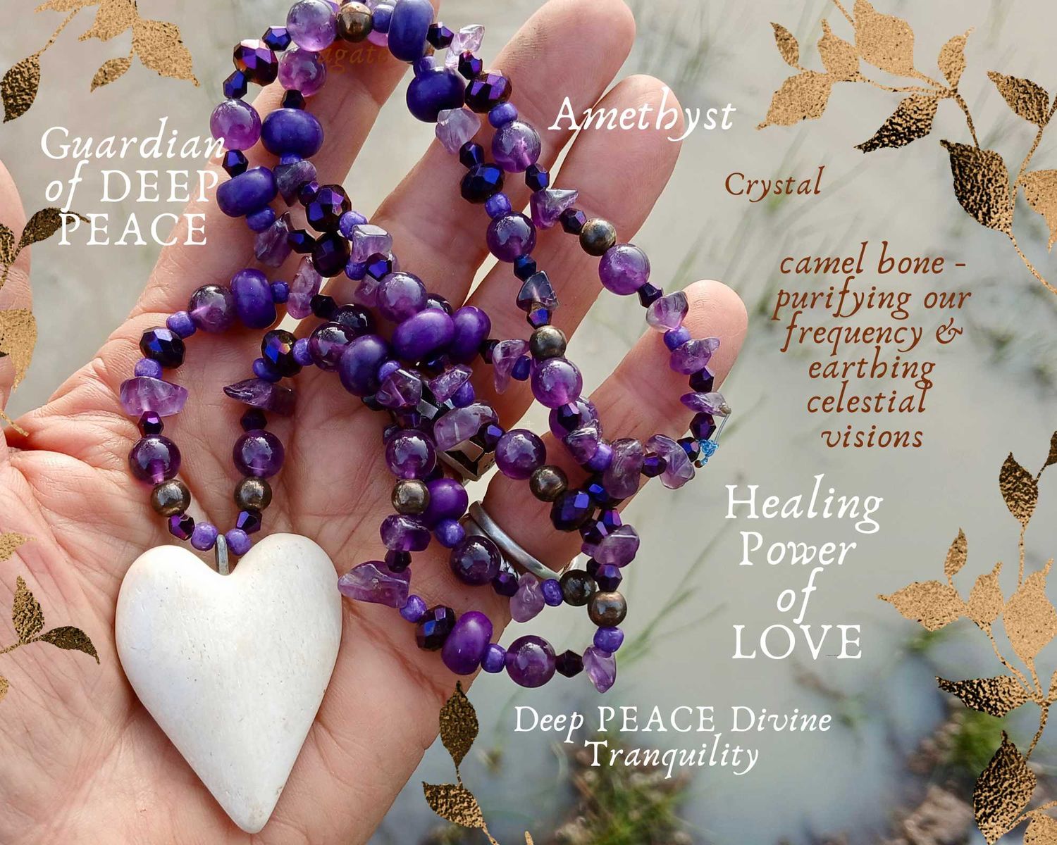 PRE&#39;ORDER divine amethyst Tranquility- LOVE talisman hand carved CAMEL bone heart. Similar to photos - follow your heart- LOVE will guide you
