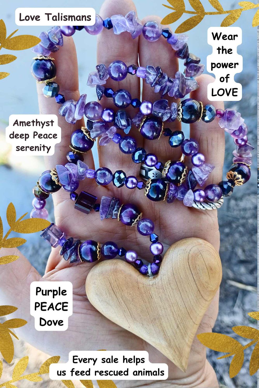 Purple PEACE Dove - Amethyst-Tranquility- LOVE talisman hand carved native pine heart- follow your heart- LOVE will guide you