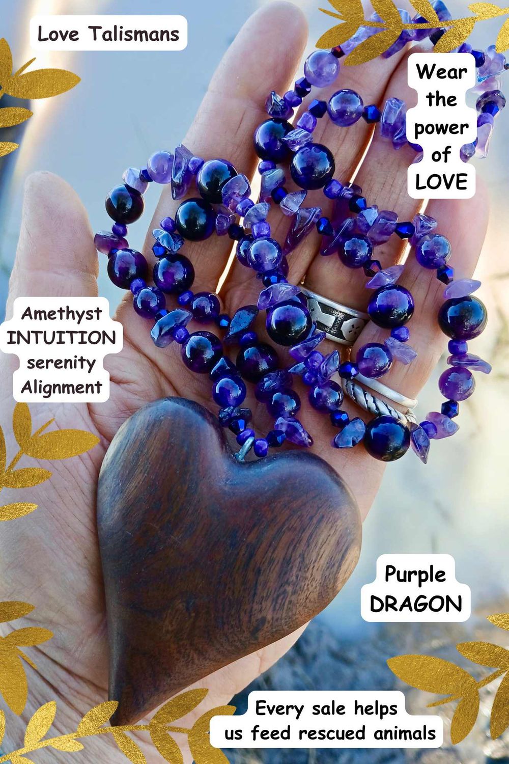 Purple DRAGON - Amethyst-PEACE- ALIGNMENT- LOVE talisman hand carved native MULGA heart- follow your heart- LOVE will guide you
