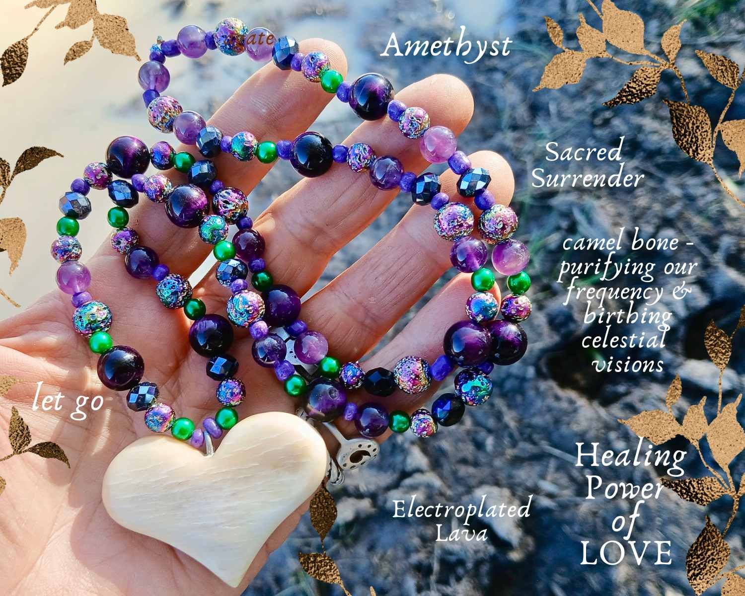 Sacred Surrender- You are deeply held- Amethyst and Lava beads LOVE talisman hand-carved CAMEL bone heart- follow your heart- LOVE will guide you