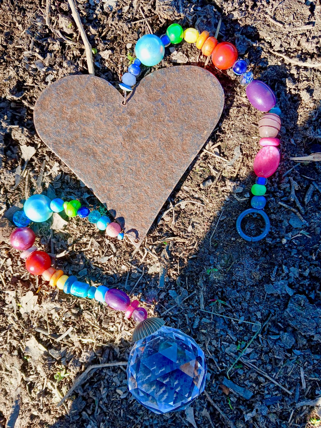 SHINE BELOVED- the purity of an open heart RAINBOW sun catcher with recycled metal heart  &amp; glass, crystal, beads
