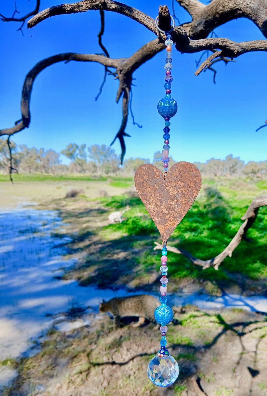 BLUE ANGEL- the purity of an open heart HEALING sun catcher with recycled metal heart  &amp; glass, crystal, beads- extra big crystal sun catcher