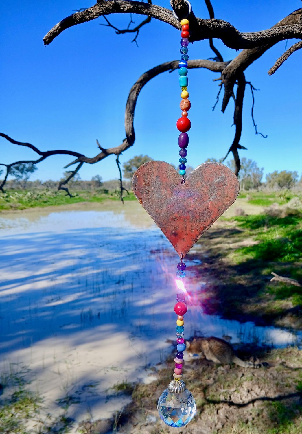LOVES EMANATIONS- the purity of an open heart RAINBOW sun catcher with recycled metal heart  &amp; glass, crystal, beads WITH EXTRA large suncatcher